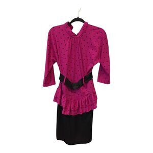 Fit and Flare Dress Belted Ruffle Square Dot Long Sleeve Pink Black Womens 10‎
